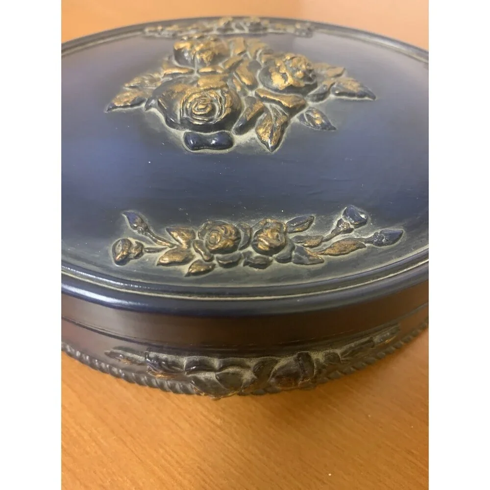 Vintage Navy Trinket Box Gold  3D Roses Wood 6”x5”